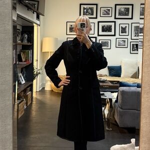 Banana Republic Below the knee black coat with satin trim